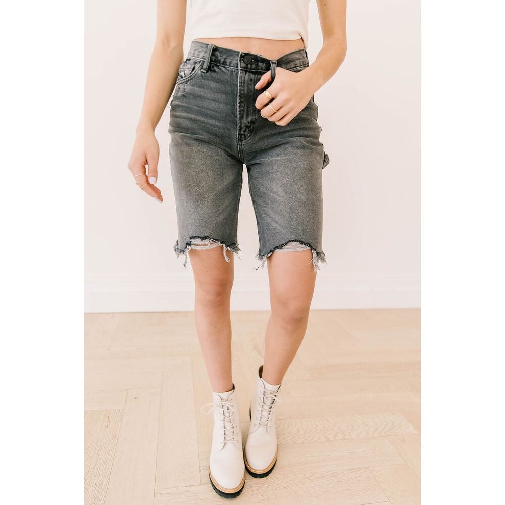 Kancan Charcoal Salt & Pepper Utility Distressed‎ High Rise Bermuda Shorts Sz 27